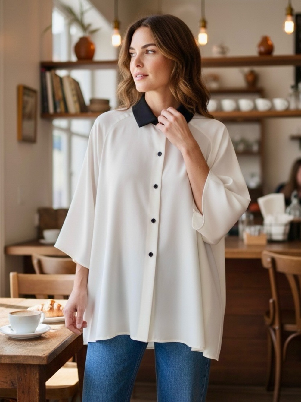 Josephine Chaus Top Blouse Vintage 80’s Cream With Black Trim Swing Oversized